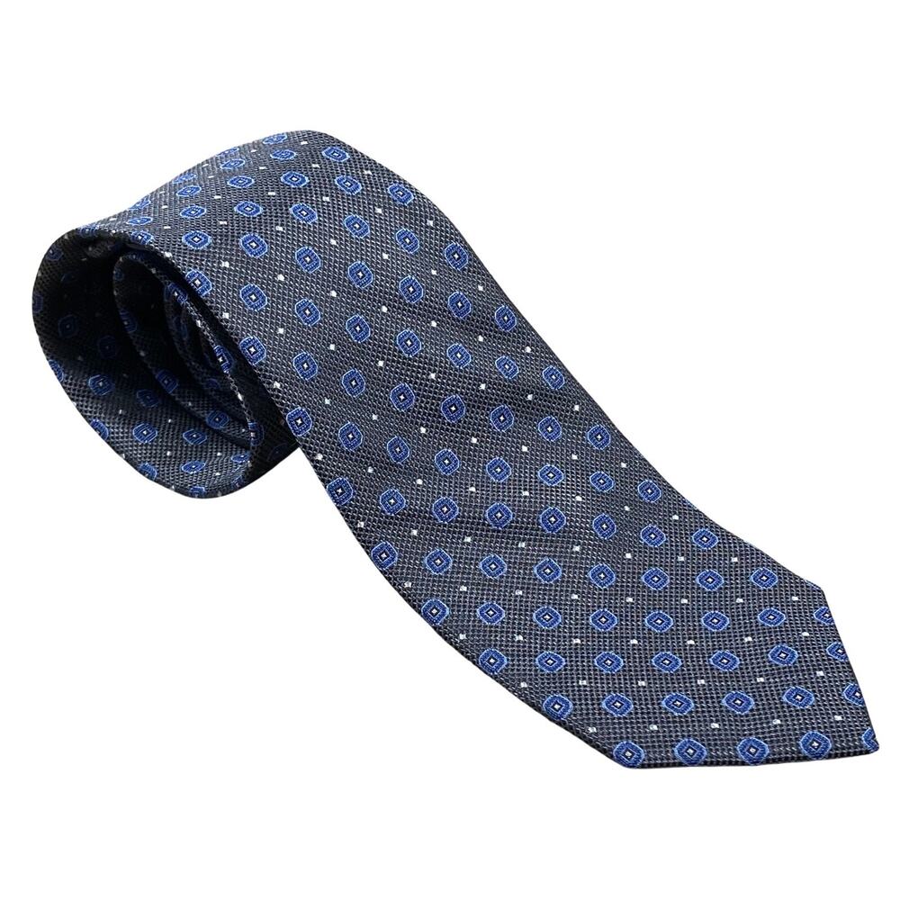 Pronto Uomo Platinum Mens Tie Blue and Black Geometric 100% Silk 60x3 Classic
